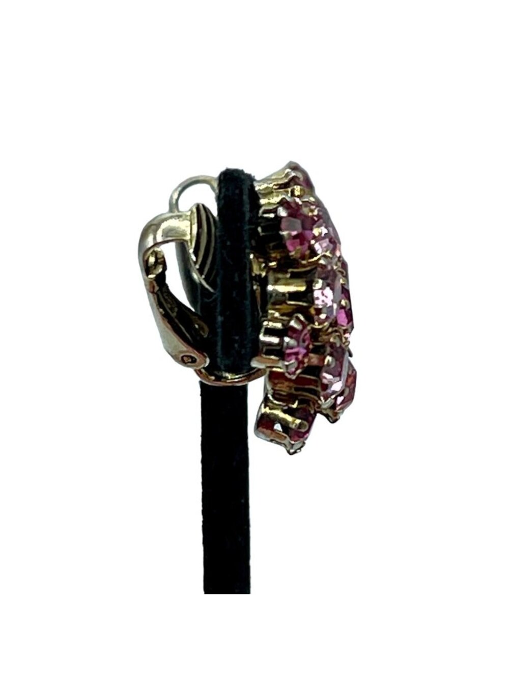 Pink Rhinestone Earrings Two Toned Prong Set Cluster Vintage Clip On Gold Tone - Picture 11 of 16